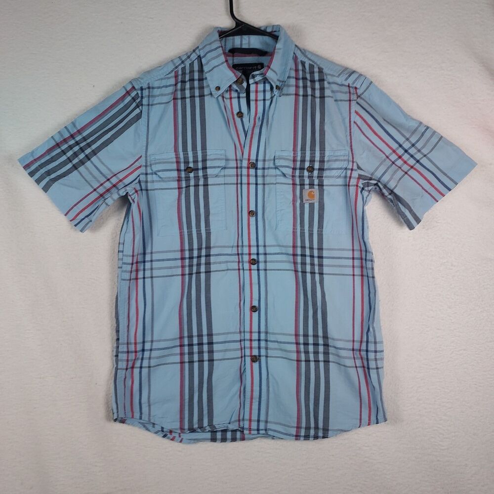 Carhartt Mens Small Blue Plaid Short Sleeve Button Front Shirt Loose Fit 100% Co